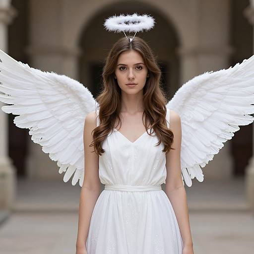 Photograph of a young woman with long brown hair, wearing a white angel dress and halo, with large white feather wings, standing in front of a