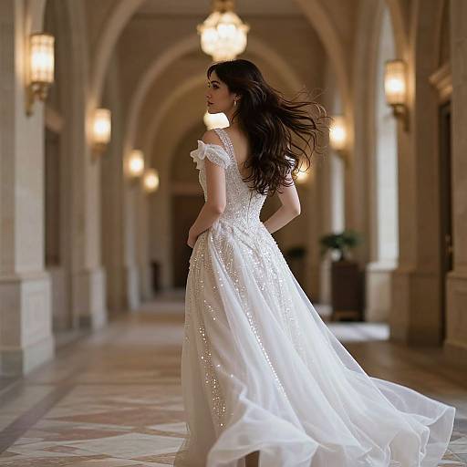 Woman in Glittering White Dress Running