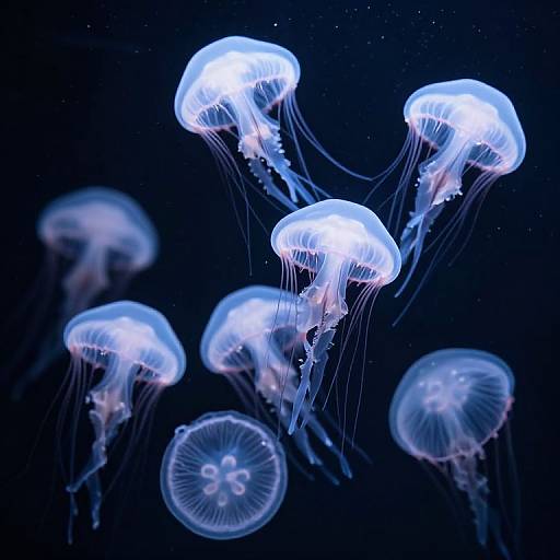 Photograph of glowing blue jellyfish with translucent bodies and delicate, flowing tentacles, floating gracefully in a dark, starry ocean backdrop.