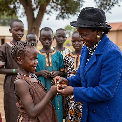 Woman Assisting African Girl with Beadwork