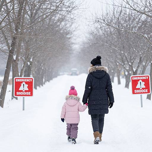 Photograph of a woman and child walking hand in hand down a snowy path flanked by bare trees and red 