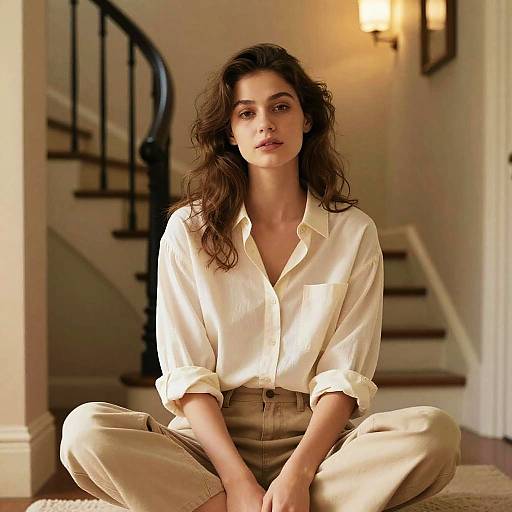 Photograph of a woman with wavy brown hair, wearing a white button-down shirt and beige pants, sitting cross-legged on a carpeted staircase in