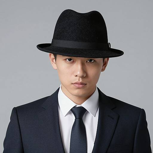 Photograph of an Asian man with light skin, wearing a black fedora, black suit, white shirt, and black tie, against a light gray
