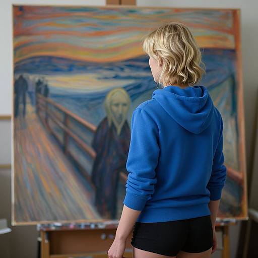 Photograph of a blonde woman in a blue hoodie and black shorts, standing before a colorful, Expressionist-style painting inspired by Edvard Munch's