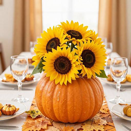 Photograph of a sunflower arrangement in a pumpkin vase, set on an autumn-themed dining table with wine glasses and small pumpkins.
