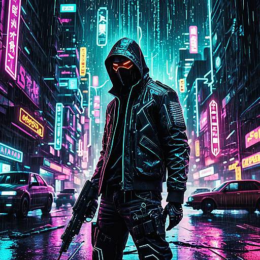 Neon Cyber Assassin in Dystopian City