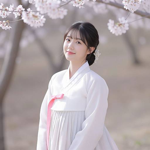 Photograph of a smiling Asian woman with black hair in a white traditional Korean hanbok with red ribbon, standing under blooming cherry blossoms.