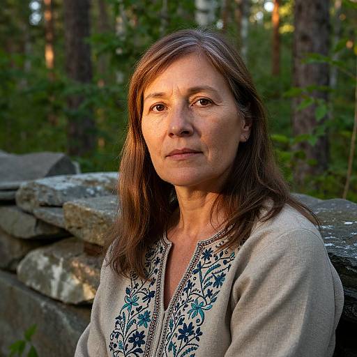 Photograph of a middle-aged woman with brown hair, wearing a light gray blouse with blue floral embroidery, standing in a forest beside a stone wall,
