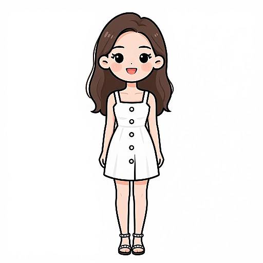 Cute digital anime-style drawing of a young girl with long brown hair, wearing a white sleeveless dress with buttons, black shoes, and smiling.