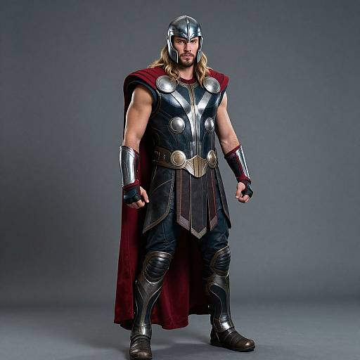 Photograph of a muscular man with long blonde hair, wearing a silver gladiator-style armor, red cape, black gloves, and boots, standing against
