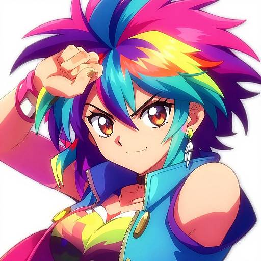 Vibrant anime-style drawing of a confident, multicolored-haired girl with large orange eyes, wearing a blue sleeveless top, adjusting her sp