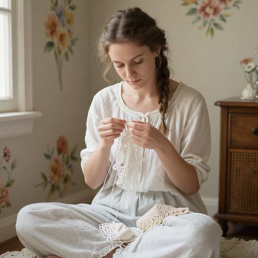 Photograph of a young woman with light brown hair in a braid, sewing lace in a floral-decorated room with soft natural light.