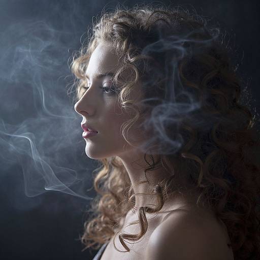 Photograph of a curly-haired woman with glowing light on her face, surrounded by ethereal blue smoke against a dark background.
