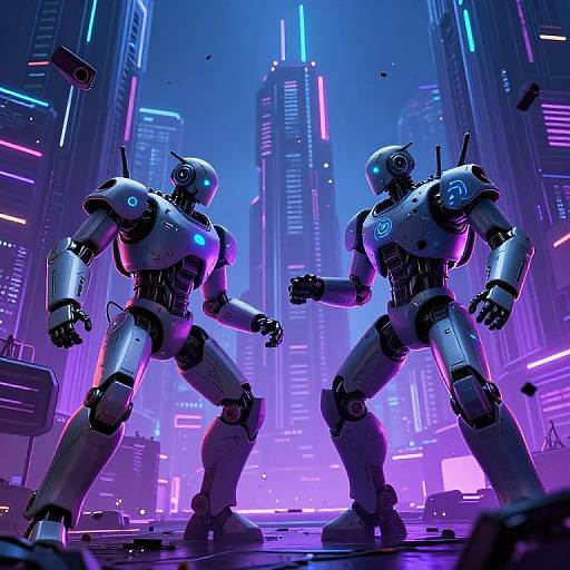 Digital art of two futuristic, glowing blue and purple humanoid robots standing in a neon-lit, cyberpunk cityscape, fists raised in a battle stance