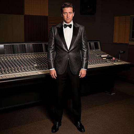 Photograph of a handsome man in a black tuxedo, bow tie, and white shirt standing in front of a professional mixing console in a dim