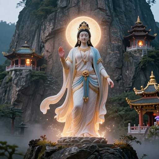 Photorealistic digital art of a radiant, golden-haloed statue of an Asian goddess in white robes, standing on a rock with burning flames,
