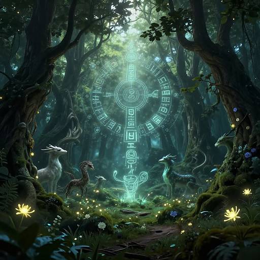 Digital fantasy artwork of a mystical forest with glowing runes, ethereal deer, bioluminescent flowers, and luminescent light filtering through towering trees