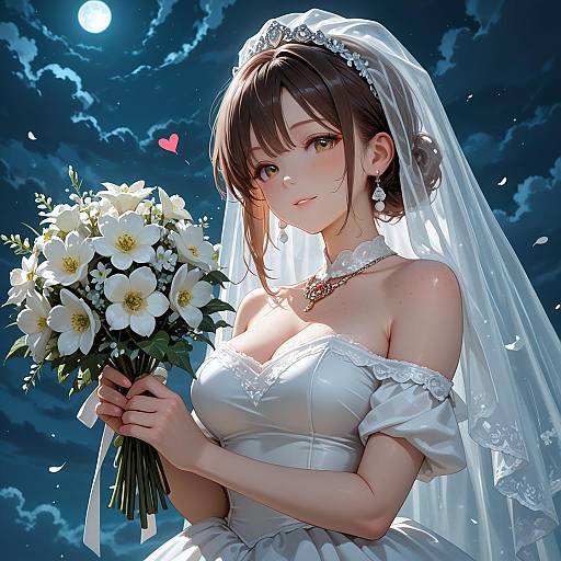 Bride Holding Bouquet Under Full Moon