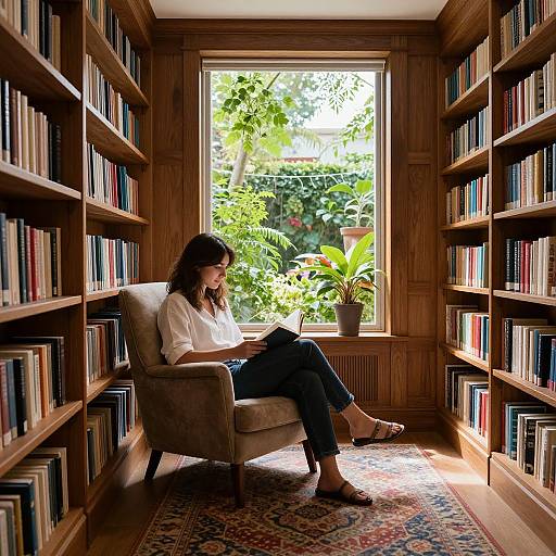 Woman Reading in Cozy Home Library