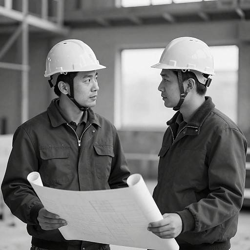 Black-and-White Construction Workers with Blueprints