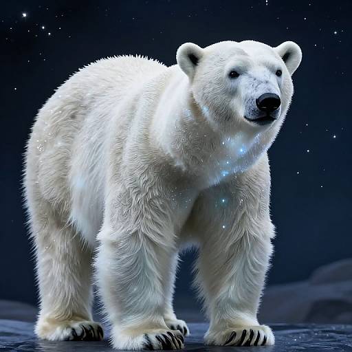 Photorealistic digital image of a white polar bear standing on a dark, starry background with glowing blue highlights on its fur.