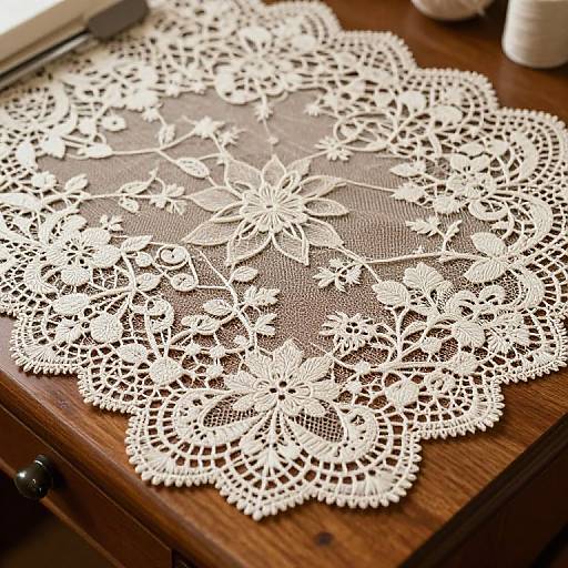 Photograph of an intricate white lace doily with floral patterns on a dark wooden table, with spools of thread in the background.