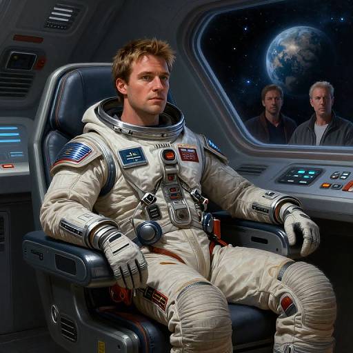 Photorealistic CGI of a handsome astronaut in a white spacesuit, seated in a spaceship cockpit, with two men observing Earth from the window.
