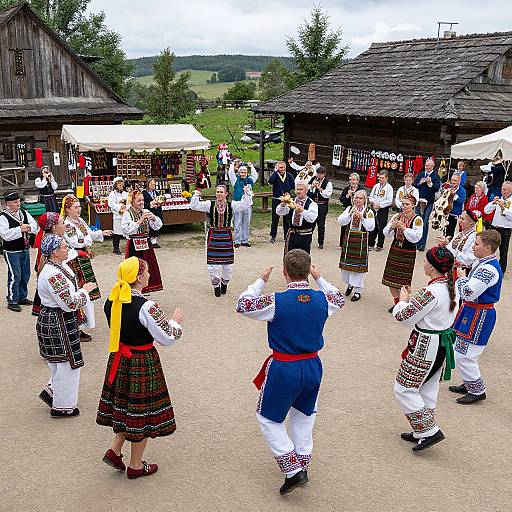 Colorful photograph of a traditional folk dance performance in a rural village square, featuring dancers in vibrant, patterned costumes, wooden buildings, and spectators.