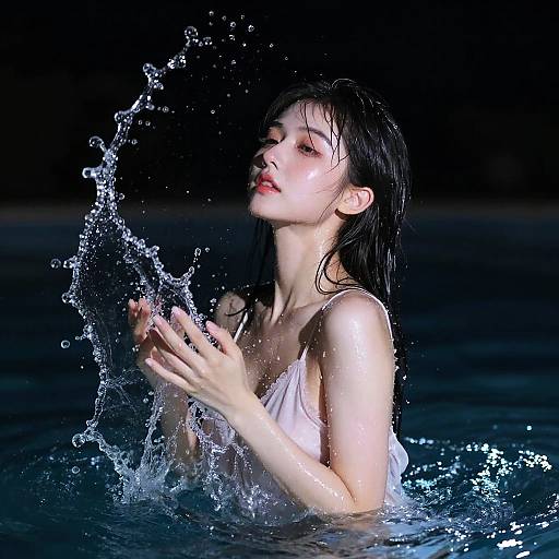 Photograph of a wet, pale-skinned woman with dark hair, wearing a white, translucent top, splashing water against a dark background.