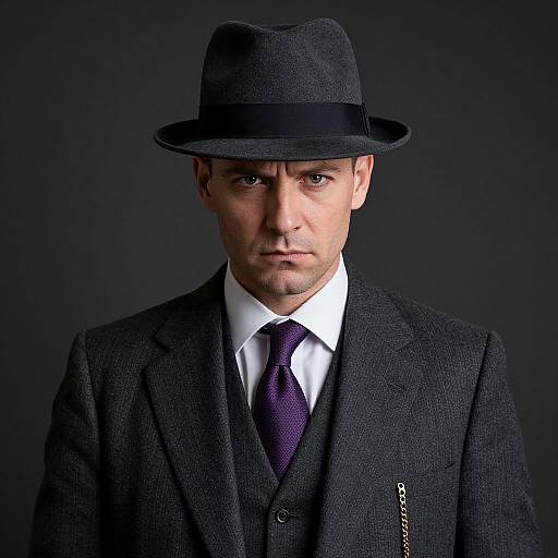 Photograph of a serious-looking man in a dark gray suit, white shirt, purple tie, and black fedora hat against a black background.