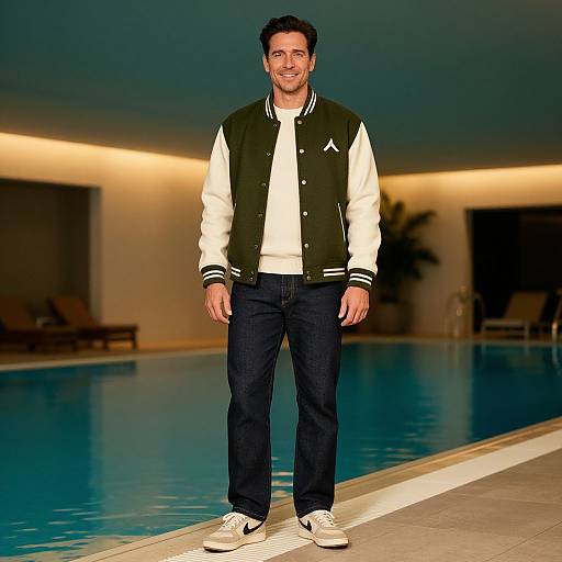 Smiling man with short dark hair, wearing a green and white varsity jacket, white shirt, dark jeans, and white sneakers, stands by a