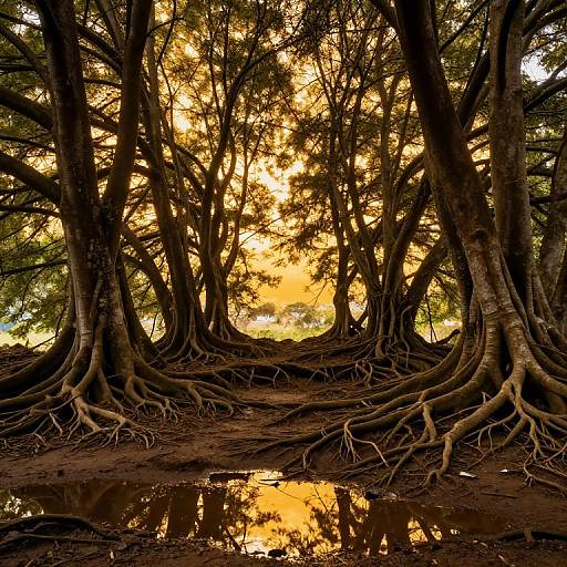 Photograph of tall, dense trees with thick, intertwining roots, reflected in a shallow puddle. Sunlight filters through leaves, creating a golden