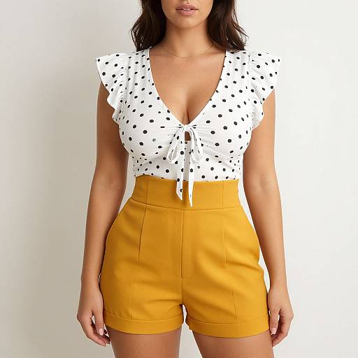Casual Polka Dot Blouse with Mustard Shorts