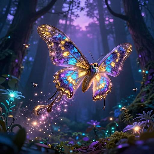 Magical, iridescent butterfly with vibrant blue, purple, and yellow wings, surrounded by glowing fireflies in a mystical, moonlit forest.