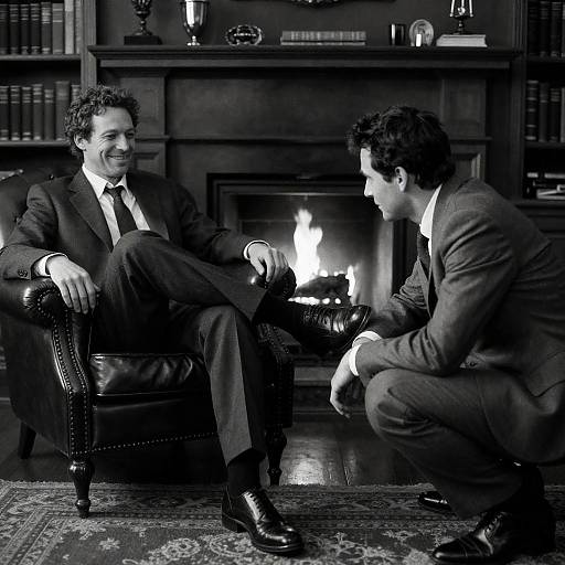 Two Men in Suits by Fireplace
