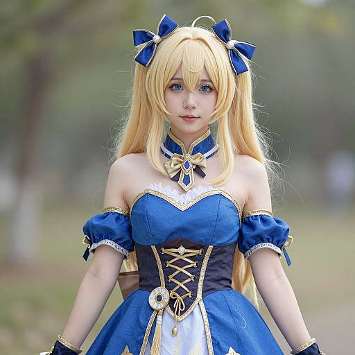 Blonde anime girl in blue and gold cosplay dress, blue ribbons, blue eyes, outdoors, blurred greenery background, digital art.