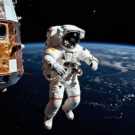 Photograph of an astronaut in a white spacesuit with a reflective helmet, floating against the dark, starry expanse of space and Earth's blue