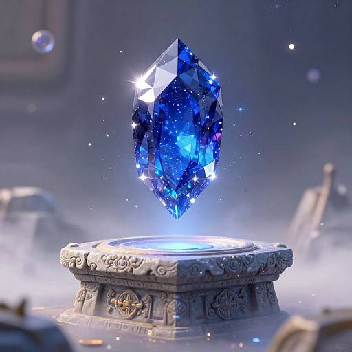 Photorealistic CGI of a brilliant, blue, starry, gemstone crystal floating above an ornate, glowing, silver pedestal in a misty