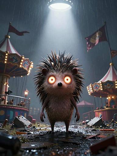 CGI image of a glowing-eyed, spiky hedgehog standing in a rain-soaked, broken carnival with illuminated carousels and flags under a