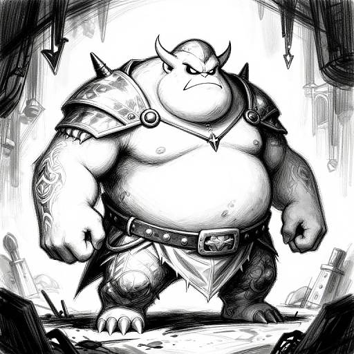 Black-and-white digital drawing of a muscular, armored, white rhino warrior with horns, tattoos, and spiked shoulder pad, standing aggressively.