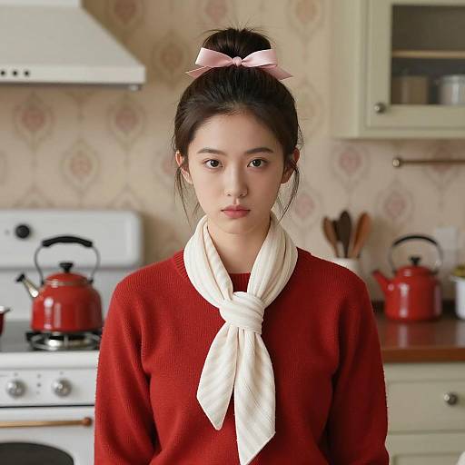 Serious Young Woman in Vintage Kitchen