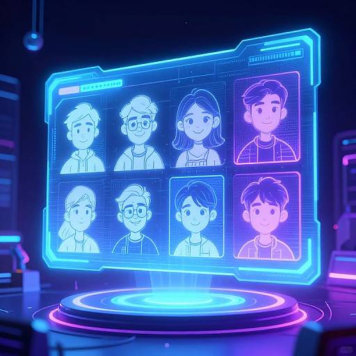 Neon-lit digital display showing eight cartoon-style child profiles with glowing blue outlines, set against a futuristic, tech-filled background.