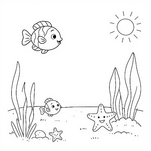 Black and white line drawing of underwater scene: fish with bowtie, sun, two small fish, starfish, and tall plants.