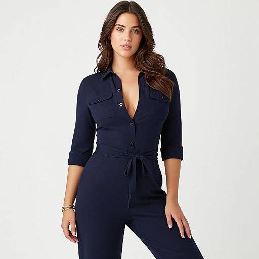 Photograph of a confident woman with long brown hair, wearing a fitted, navy blue, button-up jumpsuit with a deep V-neck, standing against