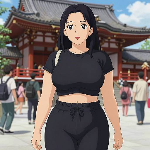 Anime-style digital drawing of a curvy woman with black hair, wearing a black crop top and pants, in front of a traditional Japanese temple. Background