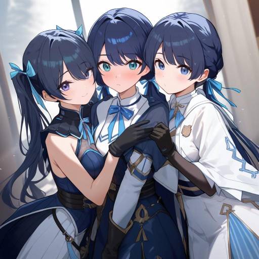Cute Twintails Girls with Blue Ribbons