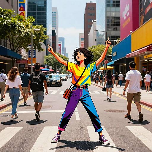 Vibrant digital illustration of a young woman in a colorful yellow and orange shirt, blue pants, and purple sneakers, confidently crossing a busy city street