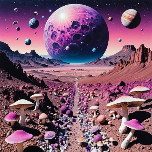 Surreal Psychedelic Alien Landscape with Mushrooms and Planets Surreal Psychedelic Alien Landscape with Mushrooms and Planets