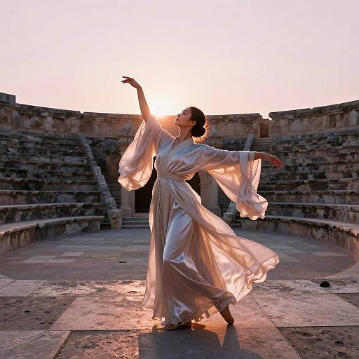 Photograph of a dancer in a flowing white gown, silhouetted against a sunset, performing in an ancient stone amphitheater.