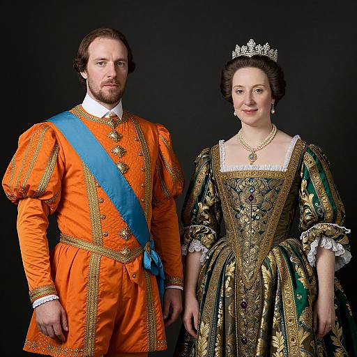 Photograph of a bearded man in an orange Renaissance-style suit with blue sash and a woman in an ornate green dress with gold embroidery,